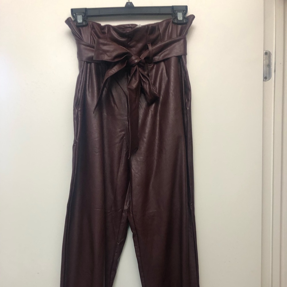 Faux leather, oxblood paper bag pants